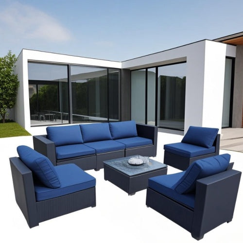 Black 7‑Piece PE Rattan Outdoor Sofa Set w/ Table & Blue Cushions – Model 7‑JH001